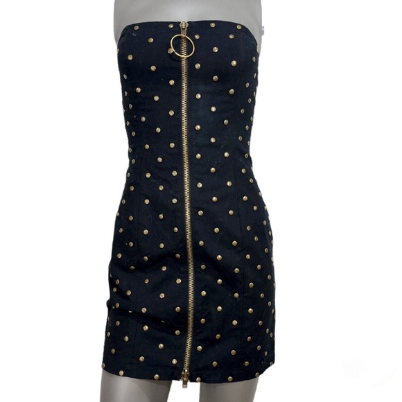Vtg Betsey Johnson Womens Dress Black Denim Studded Zip Strapless Y2K 90s Sz 4 S - Picture 2 of 10